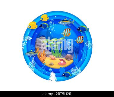 Tropical seashell and fish shoals. Sea paper cut underwater landscape in vector round frame with 3d papercut layers, ocean water waves, coral reef bottom, seaweeds and bubbles, sand seabed and rocks Stock Vector