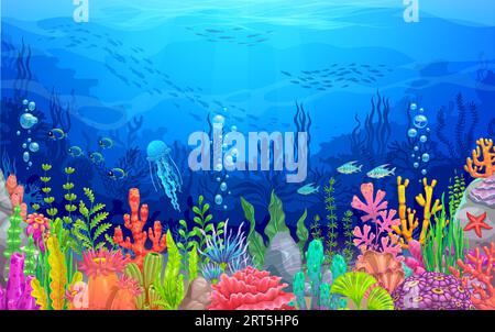 Cartoon tropical fish shoals, corals and seaweeds on sea paper cut ...