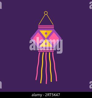 Diwali sky lantern. Indian festival of lights icon. Colorful deepavali sign on purple background. Vector illustration in flat cartoon style Stock Vector