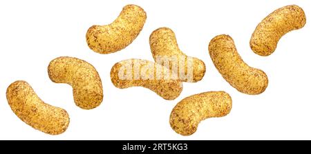 Falling corn sticks in chocolate powder isolated on white background Stock Photo