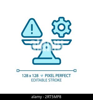 2D thin line blue warning and gear on weight scale icon Stock Vector