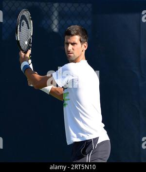 FLUSHING MEADOWS, NY - AUGUST 28:  Novak Djokovic on the practice court prior to the start of the 2016 US Open at the USTA Billie Jean King National Tennis Center on August 28, 2016 in the Queens borough of New York City.    People:  Novak Djokovic Stock Photo