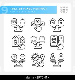 Pack of pixel perfect black comparisons line icons Stock Vector