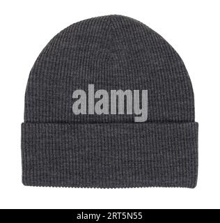 Gray knitted bobble hat flat lay isolated on white background Stock Photo