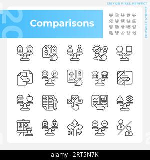 Editable black comparisons line icons set Stock Vector
