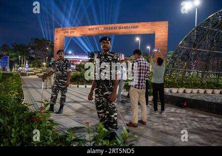 230908 -- NEW DELHI, Sept. 8, 2023 -- Indian paramilitary troopers stand guard near the main venue of the Group of 20 G20 summit in New Delhi, India, Sept. 7, 2023. The Indian capital of New Delhi geared up to host the upcoming Group of 20 G20 summit at the weekend with tight security arrangements. Officials said the restrictions and traffic regulations came into effect in New Delhi on Friday morning and will continue until early Monday.  INDIA-NEW DELHI-G20 SUMMIT-SECURITY JavedxDar PUBLICATIONxNOTxINxCHN Stock Photo