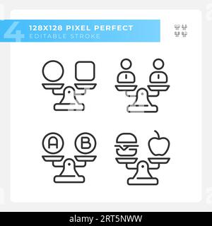 2D pixel perfect black comparisons line icons Stock Vector