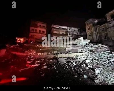 230909 -- MARRAKESH, Sept. 9, 2023  -- This photo taken on Sept. 9, 2023 shows a damaged building after a 6.8-magnitude earthquake in Marrakesh, Morocco. The death toll from a strong earthquake that struck Morocco Friday night has risen to 820, said the country s Interior Ministry on Saturday. The earthquake has also injured at least 672, according to the latest update from the ministry. A 6.8-magnitude earthquake hit Morocco Friday at 11:11 p.m. local time 2211 GMT at a depth of 18.5 km, said the U.S. Geological Survey.  SPOT NEWS MOROCCO-MARRAKESH-EARTHQUAKE-AFTERMATH Xinhua PUBLICATIONxNOTx Stock Photo