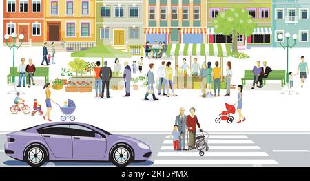 City silhouette with groups of people in leisure time in residential area, illustration Stock Vector