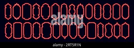 Neon arab frame set. Glowing red arabic arch. Muslim collection with set vector islamic door and window. Arabian muslim shape arch. Design element Stock Vector