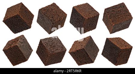 Chocolate brownie cubes isolated on white background, full depth of field Stock Photo