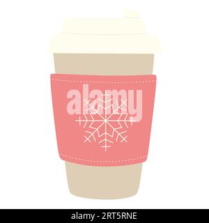 Paper cup of Coffee with Showflake. Vector illustration in Flat cartoon style isolated in white. Hot chocolate, seasonal warm drink for walk. Winter d Stock Vector