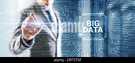 Big data on server racks background. Man clicking on a virtual screen. Stock Photo