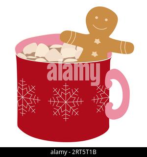 A cup of Hot chocolate. Christmas drink on a white background. A red mug of Cocoa with a Snowflake and Cookies. Seasonal banner. Colorful vector illus Stock Vector