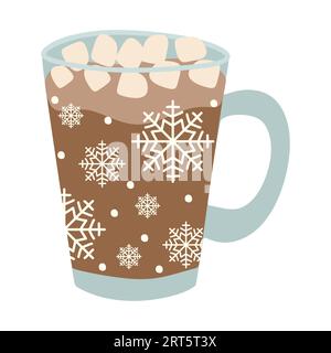 Hot chocolate. Decorative Vector Flat illustration glass matte cup with Cocoa and marshmallows. Christmas greeting card design element. Isolated on wh Stock Vector