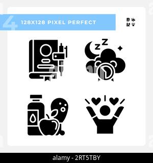 Pixel perfect glyph style meditation icons set Stock Vector