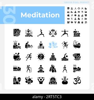 2D pixel perfect glyph style meditation icons set Stock Vector
