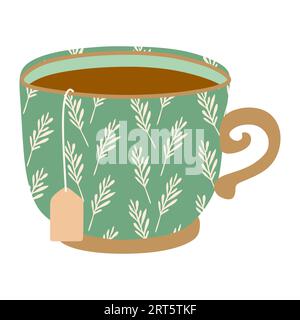 Tea in a cup with Tea bag isolated on a white. Warming Winter and Autumn drink to strengthen the immune system. Flat vector illustration. Green Mug wi Stock Vector