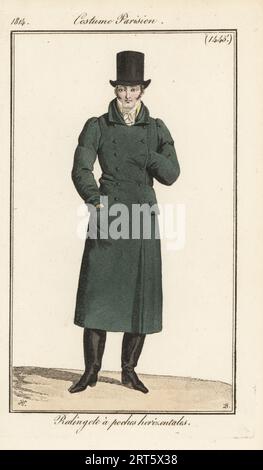 French gentleman in top hat, long coat with horizontal pockets, boots. Redingote a poches horizontales. Handcoloured copperplate engraving by Pierre-Charles Baquoy after a fashion plate by Horace Vernet from Pierre de la Mesangere’s Journal des Dames et des Modes, Magazine of Women and Fashion, Paris, 1814. Stock Photo