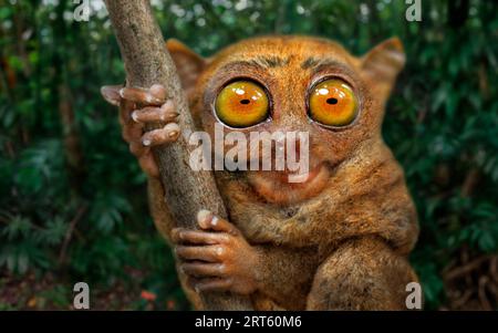 Endangered Philippine Tarsier (Tarsius syrichta) on tree in jungle on Bohol Island, Corella, Bohol, Philippines Stock Photo