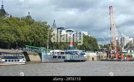 The Tattershall Castle permanently moored on the banks of the River Thames in London, UK Stock Photo