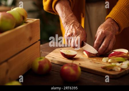 Hands of aged woman cutting fresh ripe apples with knife on wooden board while standing by table with box containing fruit harvest Stock Photo