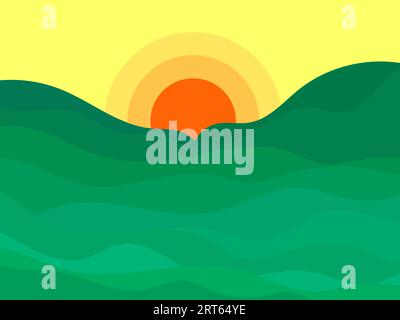 Wavy landscape with green hills and the sun on the horizon. Dawn with green meadows in a minimalist style. Design for posters, prints and banners. Vec Stock Vector