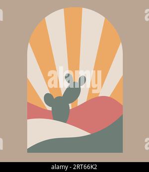 Boho boho logo cactus in minimal style. Landscape, cactus logo design templates in boho color, geometric abstract design for decoration. Stock Vector