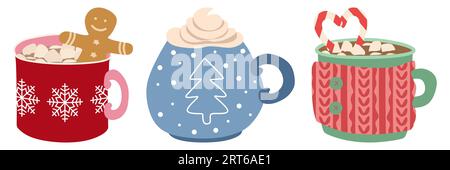 Christmas holiday coffee mug set. Cocoa with marshmallows, winter warming drinks and hot coffee cup. Xmas hot chocolate mugs or winter cappuccino and Stock Vector