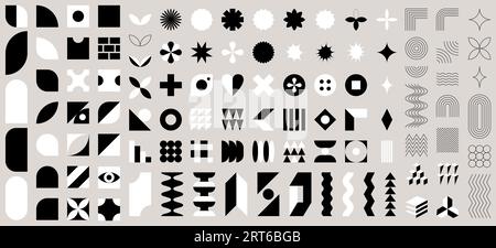 Collection of flat and outline abstract geometric shapes. Brutalism, Swiss minimalism, Bauhaus style inspired. black and white isolated Vector design Stock Vector