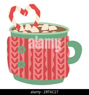 Winter Mug with Hot chocolate drink. Christmas Cup in knitted cosy holder. Cocoa with marshmallows, candy cane. Warming beverage, cacao. Flat vector i Stock Vector