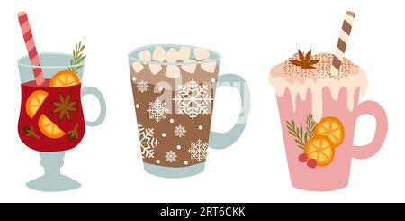 Vector Collection of Hot Winter drinks. Hot chocolate, Coffee, Cocoa with Whipped cream and Marshmallow, Mulled wine. Autumn and winter holidays decor Stock Vector