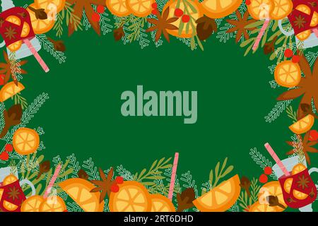 Merry Christmas Mulled wine frame, celebration drink on green. Cup of vine, orange slice, cloves, anise, candy cane. Hand drawn flat vector illustrati Stock Vector
