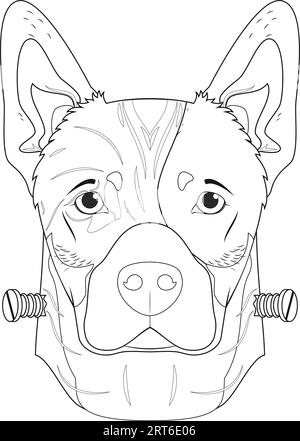 Halloween greeting card for coloring. Australian Cattle dog colored in green and dressed as a monster with screws in the neck Stock Vector