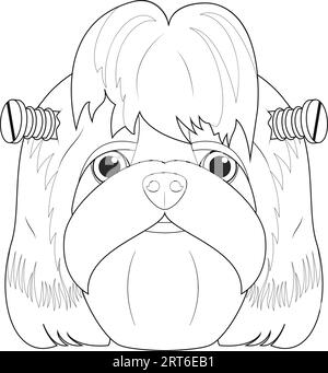Halloween greeting card for coloring. Shitzu dog colored in green and dressed as a monster with screws in the head Stock Vector