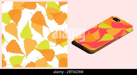 Modern smartphone in unique case decorated birch leaves silhouettes seamless pattern. Autumn fallen leaves of birch tree. Isometric top view. Vector o Stock Vector