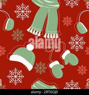 Seamless pattern with Winter clothes. Scarf, Hat, Mittens and Earmuffs on the background with snowflakes. Flat and Linear style. Vector Endless illust Stock Vector