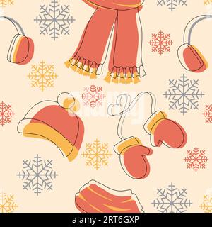Seamless pattern with Winter clothes. Scarf, Hat, Mittens and Earmuffs on the background with snowflakes. Flat and Linear style. Vector Endless illust Stock Vector