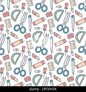 Hand drawn stationery seamless pattern. Office supplies background doodle sketch style. School or student print for paper, packaging and design,vector Stock Vector