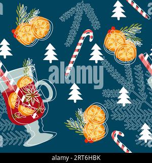 Vector seamless pattern with Mulled wine in flat design. Orange slices, Anise, Cinnamon, Clove, Strawe isolated. Autumn and winter holidays Hot drink. Stock Vector