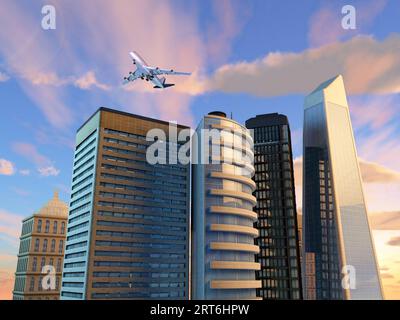 Group of skyscrapers over a gorgeous sky background. Digital illustration. Stock Photo