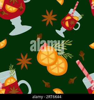 Vector seamless pattern with Mulled wine in flat design. Orange slices, Anise, Cinnamon, Clove, Straw isolated. Autumn and winter holidays Hot drink. Stock Vector
