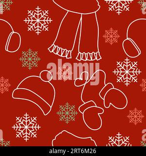 Seamless pattern with Winter clothes. Scarf, Hat, Mittens and Headphones on the background with snowflakes. Line art or Outline style. Vector Endless Stock Vector