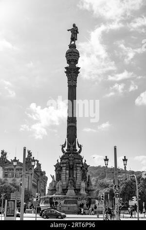 Barcelona, Spain - FEB 13, 2022: The Columbus Monument, Monument a Colom in Catalan, Monumento a Colon in Spanish. Monument to Christopher Columbus at Stock Photo