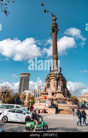 Barcelona, Spain - FEB 13, 2022: The Columbus Monument, Monument a Colom in Catalan, Monumento a Colon in Spanish. Monument to Christopher Columbus at Stock Photo