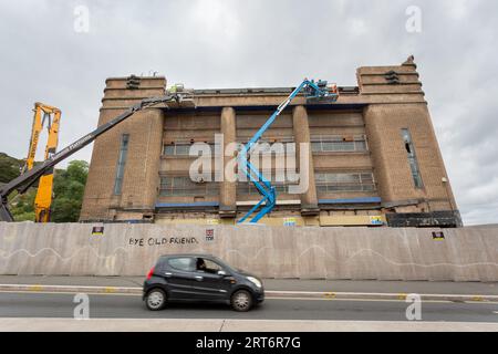 Dudley, West Midlands, UK. 11th Sep, 2023. After a long battle to save it from demolition and development, the Dudley Hippodrome is now under demolition. The iconic art deco local West Midlands landmark theatre was built in 1938 on the site of the Dudley Opera House, which was destroyed by fire in 1936, and closed in 2009. Acts including George Formby, Gracie Fields and Laurel and Hardy performed there, the last being Roy Orbison in 1974. Credit: Peter Lopeman/Alamy Live News Stock Photo