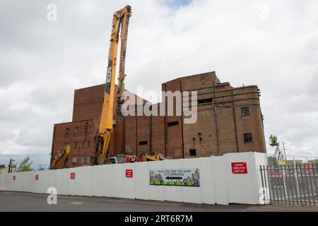 Dudley, West Midlands, UK. 11th Sep, 2023. After a long battle to save it from demolition and development, the Dudley Hippodrome is now under demolition. The iconic art deco local West Midlands landmark theatre was built in 1938 on the site of the Dudley Opera House, which was destroyed by fire in 1936, and closed in 2009. Acts including George Formby, Gracie Fields and Laurel and Hardy performed there, the last being Roy Orbison in 1974. Credit: Peter Lopeman/Alamy Live News Stock Photo