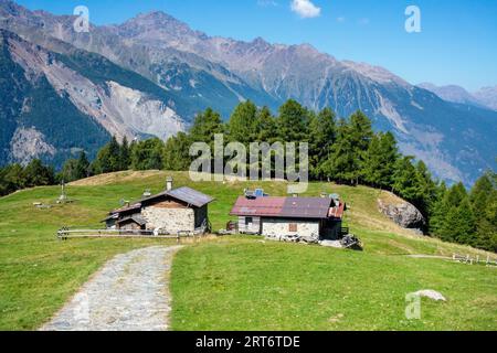 Mountain huts photographed in the Valtellina pastures near Bormio Stock Photo