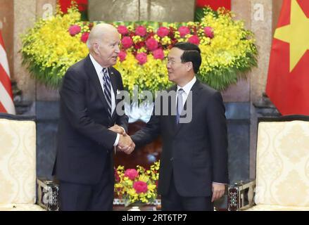 Hanoi, Vietnam. 11th Sep, 2023. US President Joe Biden (L) meets with Vietnam's President Vo Van Thuong at the Presidential Palace in Hanoi, Vietnam on September 11, 2023. President Joe Biden led a delegation of US tech executives in talks with Vietnamese business leaders on Monday, as Washington and Hanoi sought to deepen cooperation amid shared concerns about China's rise. Photo by Vietnam Government Portal (VGP)/ Nhat Bac/ Credit: UPI/Alamy Live News Stock Photo