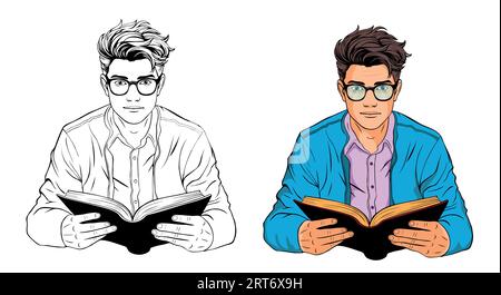 Young brown haired man happy enjoying reading book Stock Vector